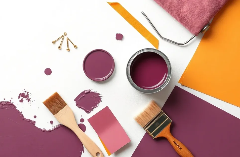 Pots de peinture, nuancier, brosses et rouleaux disposés à plat