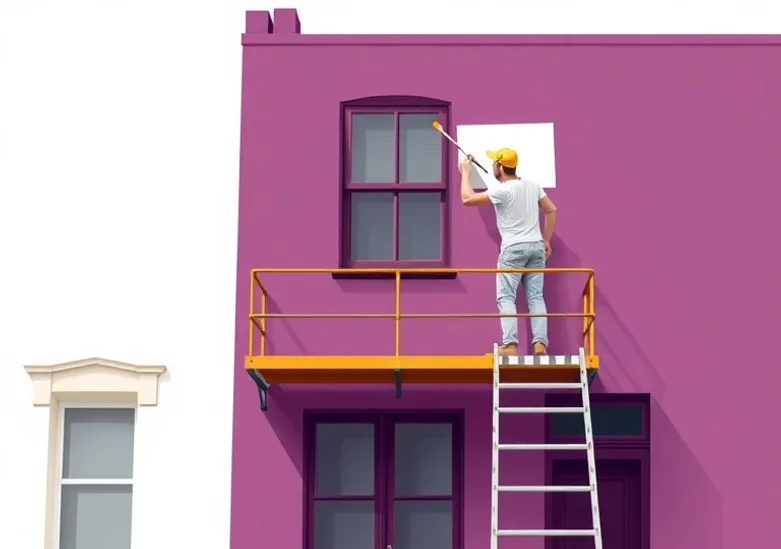 Peintre sur échafaudage traitant la façade d'une maison